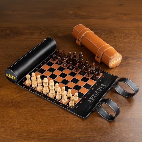 Personalized Magnetic Travel Chess Set Roll-Up Board Game, Custom Wooden Chess Set with 32 Magnetic Pieces, PU Leather Portable Chess Board for Adults, Travel & Gift for Men, Family Game Night