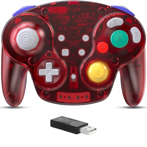 2.4 GHz Wireless USB GameCube Controller for Switch 1 & 2, PC, Clear Red | (Built-in Vibration) (Rechargeable) (Analog Triggers / Stick) Compatible with Switch Online, Windows PC, macOS