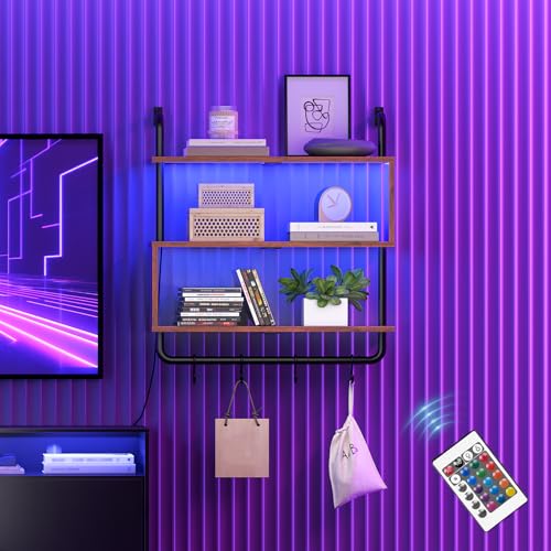 HOOBRO Floating Shelves with LED Lights, 29.5" LED Wall Mounted Gaming Shelf, 3-Tier Pipe Display Rack with Hanging Rod and 4 S-Hooks, for Storage Livingroom, Bedroom, Rustic Brown and Black BF21DBJ01 - color: Rustic Brown + Black