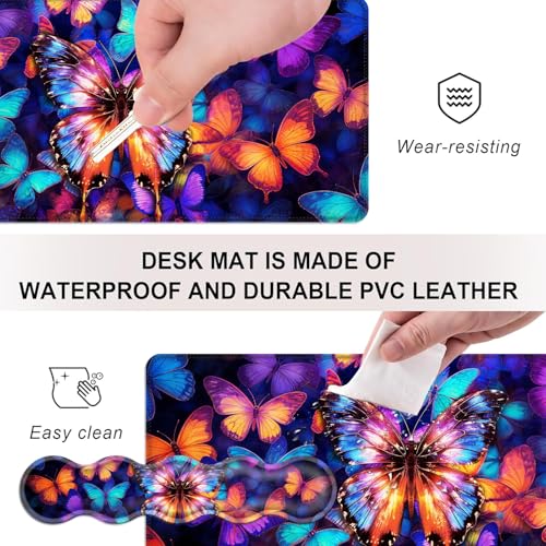 Mouse Pad,Large Desk Mat Set, 4in1 XL Mousepad + Keyboard Wrist Rest+Mouse Wrist Rest+Coaster with Ergonomic Desk Pad for Home Office Table Computer Cover -Colorful Butterfly - color: Colorful Butterfly