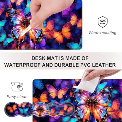 Mouse Pad,Large Desk Mat Set, 4in1 XL Mousepad + Keyboard Wrist Rest+Mouse Wrist Rest+Coaster with Ergonomic Desk Pad for Home Office Table Computer Cover -Colorful Butterfly - color: Colorful Butterfly