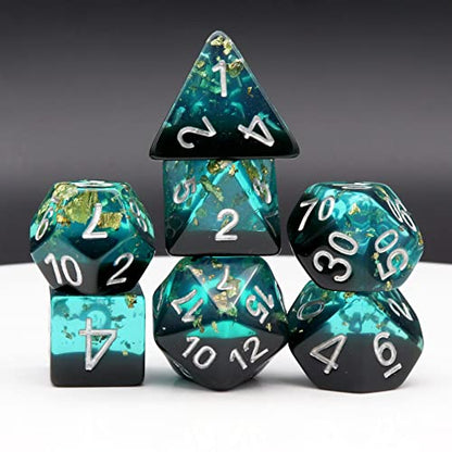 Haxtec DND Dice Set, 7 Pcs Gold Foil Resin Polyhedral RPG Dice | Blue Black Role Playing Games Dice with Velvet Pouch, Compatible with Dungeons and Dragons, D&D Gift for DM Masters - color: Blue Black