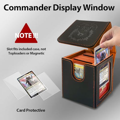 Card Deck Box with MTG Commander Display, Fits 100 Double Sleeved Cards, Magnetic Deck Case compatible with TCG Black/Orange - color: Black/Orange