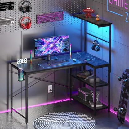 42" L-Shaped Gaming Desk with Power Outlets LED Lights, Black | Reversible Design, LED Lights, 4-Tier Storage Shelves, Headphone Hook, Foldable Cup Holder, Home Office, Small Space - color: Black, size: 42 Inch