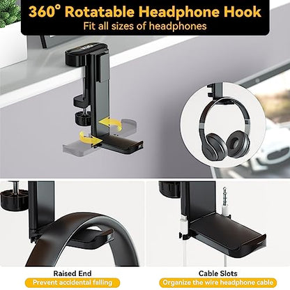 KDD 4 in 1 Desk Cup Holder - Clamp on Under Desk Headphone Hanger - Rotating Headphone Holder Detachable Pen Cup Holder Desktop Storage for Cup, Phone and Pen(Black) - color: Black