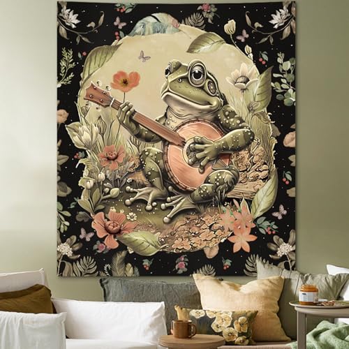 Apdidl Vintage Boho Frog Tapestry for Bedroom Aesthetic, Green Music Floral Wall Covering Tapestries with Playing Banjo, Funny Frog Decor Poster Wall Hanging for Dorm Living Room (51"X60") - color: H - Frog Tapestry, size: 60"L x 51"W