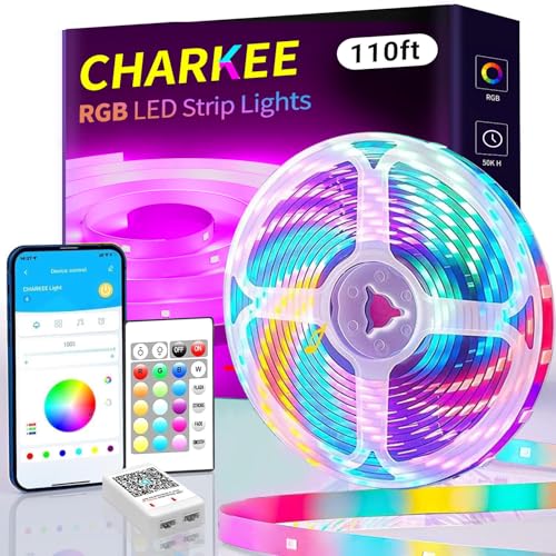 CHARKEE 110FT LED Strip Lights for Bedroom, RGB Color Changing Lights with Music Sync, Bluetooth App & Remote Control, 24V LED Light Strip for Room, Kitchen, Party & Home Decor (1 Roll) | Music Sync, Bluetooth App & Remote Control, 24V LED Tape Lights for