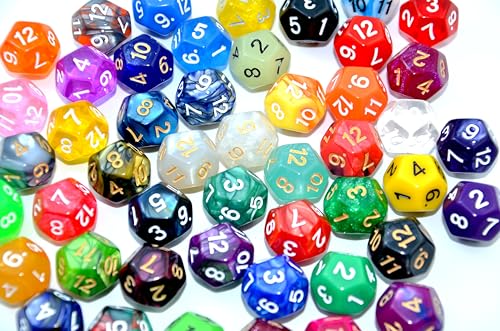 SmartDealsPro 50-Pack D12 12 Sided Dice Polyhedral Dice with Pouch for DND RPG MTG Table Game (D12, Mix Color) - color: Mix Color, style: D12