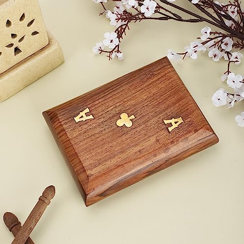Ajuny Wooden Playing Card Box 15x12 cm, Double Deck Organizer with 2 Sets | Handcrafted Brass Inlay Club Design Elegant Twin Card Collector Decorative Storage Case Organiser Housewarming Gift 15 x 12cm