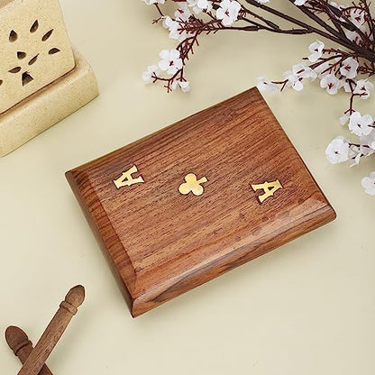 Ajuny Wooden Playing Card Box 15x12 cm, Double Deck Organizer with 2 Sets | Handcrafted Brass Inlay Club Design Elegant Twin Card Collector Decorative Storage Case Organiser Housewarming Gift 15 x 12cm