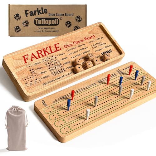 Tuiiopoli Farkle Dice Scoreboard Set, No Score Sheets Required Upgrade Design 4 Sets of Colored Player Pegs 6 Wooden Dice for Game Night Party Travel - size: Standard