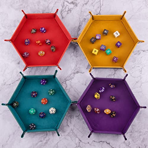 SIQUK 4 Pieces Dice Tray Set Foldable Dice Trays Hexagon Dice Rolling Tray PU Leather Dice Holder for Dice Games like RPG, DND and Other Table Games(Orange, Yellow, Cyan, Violet) - color: Orange, Yellow, Cyan and Violet