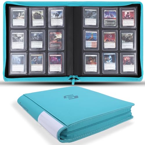 Snekdy Top loader Binder, 9 Pockets Top Loader，Holds 360 Top Loaders cards, Card binder with Sleeves for card in 3 x 4 inch color smooth Zipper PU Leather (Turquoise) - color: Turquoise