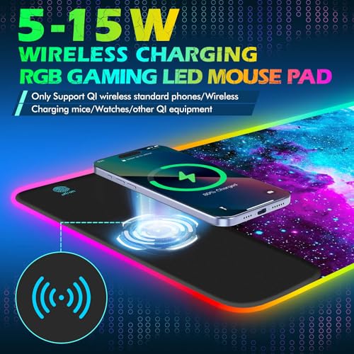 ToLuLu RGB Gaming Wireless Charging Mouse Pad, 5/7.5/10/15W 10 Light Modes | LED Mouse Pad Computer Keyboard Mat Mousepad, 800x300x4MM Extended Large Desk Mat for Gaming, MacBook, Laptop, PC, Galaxy - color: Galaxy Nebula