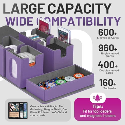 Trading Card Storage Box with Commander Display for MTG, TCG, Sports Cards, 5-in-1 Card Deck Box, Holds 450+ Double-Sleeved Cards, 4 Individual Deck Cases with Covers, Dice Tray & Magnetic Holders - color: Purple & Grey