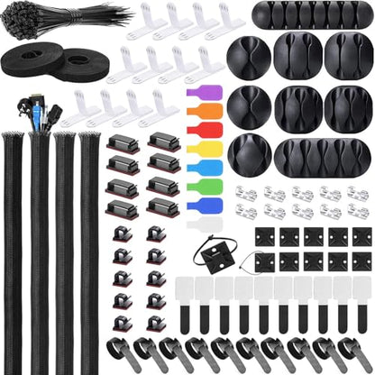 Cable Management Kit - 4 Cable Sleeve, 57 Self Adhesive Cable Clips, 12 Hanging Strips, 12 Cable Organizer Straps and 100 Fastening Cable Ties for TV Computer Under Desk (Black and White) - color: Black