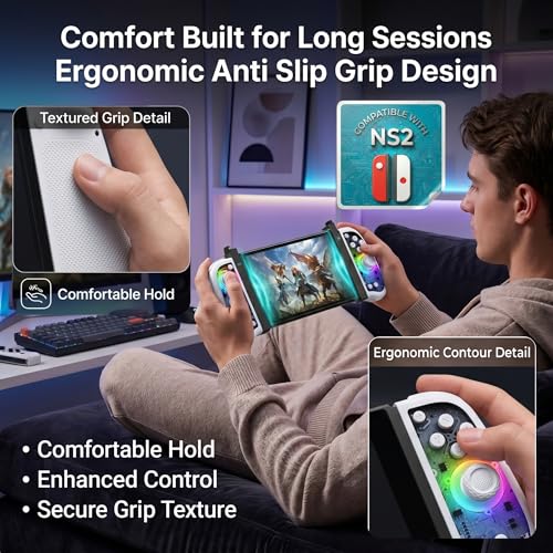 GLITCHEL Hall Effect Controller Compatible with Switch OLED Lite and Switch 2 with Magnetic Charging Adapters Included Wireless RGB Gamepad with Programmable Back Buttons Turbo Motion Control
