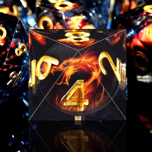 AUSTOR 7 Die DND Dice Set 7 Pieces Red Flame Dragon Resin Dice Role Playing D and D Dice D20 D12 D10 D8 D6 D4 Sharp Edge Dungeons and Dragons Dice with Case - color: Red Flame Dragon