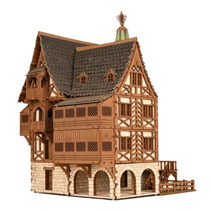 The Tavern - Medieval House (Crooked Elbow) DIY Wooden House Building Kit -715PCS; 12hrs Assembly time; Age Group 18+ - Realistic - color: High Medieval House