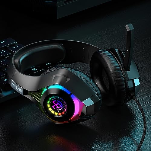 Tatybo Gaming Headset for PS4 PS5 Xbox One PC, Over-Ear Gaming Headphones with Surround Sound, Noise Canceling Mic, RGB Light