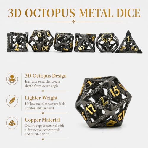DND Dice Set,3D Octopus Hollow Metal 7-Die,Black | Lightweight Copper Dice,Easy-to-Read Numbers,Gift Box & Velvet Bag for DND RPG Players - color: Cthulhu Black