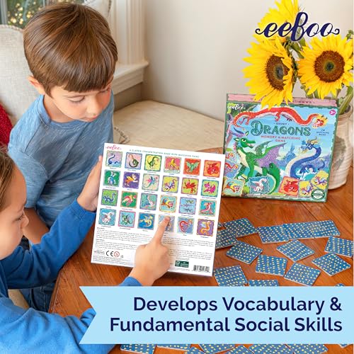 eeBoo Shiny Dragons Memory & Matching Game, Ages 3+, 1-4 Players | Introduces mythical dragons. Sharpens recognition, concentration & memory skills. Includes 48 foil tiles, 24 pairs - style: Shiny Dragons