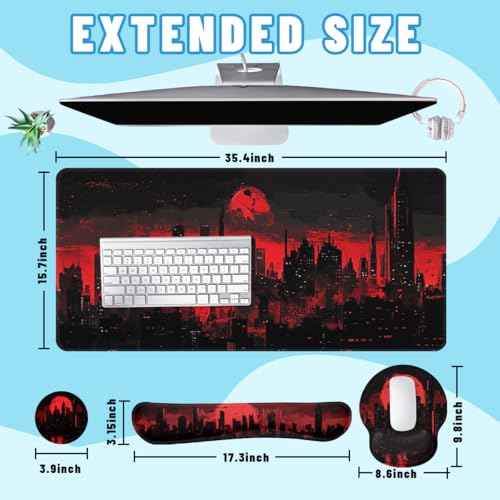 Dark City Desk Mat Set Red Moon Gothic Skyline Neon Mouse Pad with Wrist Rest 4in1 Desk Mat for Desktop Ergonomic Computer Desk Arm Wrist Anti-Slip Computer Ergonomic Mouse Pad Home Office Gaming - color: Dark City