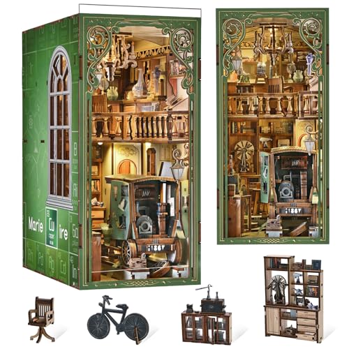 MiniCity Public Library Book Nook Kit, 3D Wooden Bookshelf Puzzle with LED | 7.1 x 9.1 x 7.1 in; 504-piece DIY kit with LED and dust cover; glue/tools included; 6-8 hr build for shelf display, ages 14+ - style: The Radium Lady