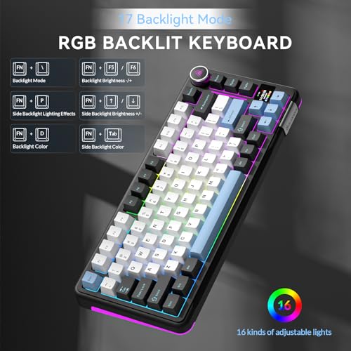 SOLAKAKA A75 PRO Black Gaming Keyboard 75% Wireless Mechanical with Screen and Knob, RGB Backlit Hot Swappable Gasket Pre-lubed PBT Keycaps for PC/Mac/Win - color: BlackBluewhite