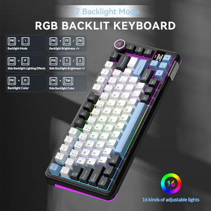 SOLAKAKA A75 PRO Black Gaming Keyboard 75% Wireless Mechanical with Screen and Knob, RGB Backlit Hot Swappable Gasket Pre-lubed PBT Keycaps for PC/Mac/Win - color: BlackBluewhite