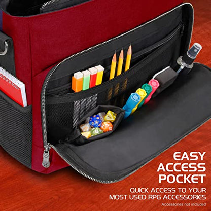 ENHANCE Collector's Edition RPG Player's Essentials DnD Bag - Dragon Hide Exterior Messenger Bag Fits 2-4 Books, Binders, Dice & Accessories, with 17 inch Laptop Slot, Battlemap Straps (Dragon Red) - color: Dragon Red