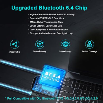 USB Bluetooth 5.4 Adapter for PC Laptop, Long Range 492FT Wireless Dongle Adaptor for Windows 11 10 8.1 7 Desktop, Plug and Play Bluetooth Mouse Keyboard Headphones Speaker Game Controller - style: BT5.4-BT11