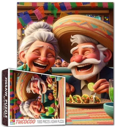 Laughing Old Couple Dining Fiesta 1000 Piece Jigsaw Puzzle for Adults and Students Fun Mexican Style Food Theme Colorful Cartoon Art Decor 20×27 Inches Relaxing Brain Challenge Gift - color: Puzzle-old Woman-09