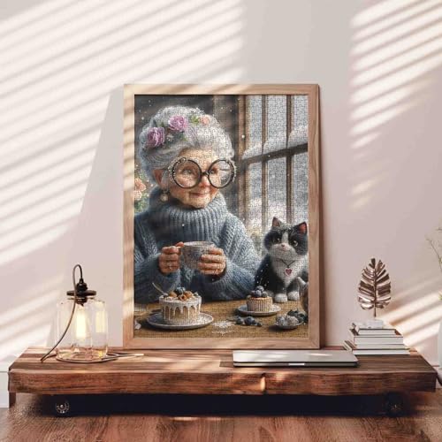 White Haired Old Woman and Cat Jigsaw Puzzle 1000 Piece for Adult Grandma Wearing a Sweater Snow Animal Dessert Challenging for Family or Friend Game 19.7 x 27.6 Inch - color: Old Woman-a22
