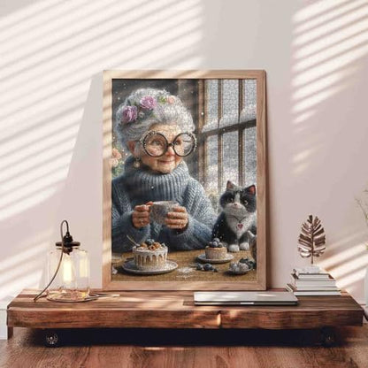 White Haired Old Woman and Cat Jigsaw Puzzle 1000 Piece for Adult Grandma Wearing a Sweater Snow Animal Dessert Challenging for Family or Friend Game 19.7 x 27.6 Inch - color: Old Woman-a22