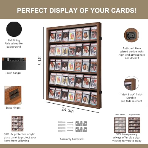 VERANI 35 Graded Sports Baseball Card Display Case Wall Mount Walnut | Lockable Trading Card Wall Cabinet,98% UV Block Acrylic Panel,Premium Wood Frame,Vertical Wall Mount Only - size: Large-Vertical-Walnut-Blacklock