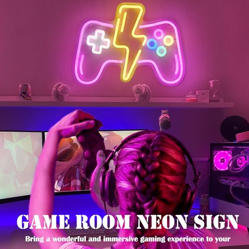 Pink LED Game Neon Sign Light for Gamer Room Decor USB Powered with Switch Gaming Accessories Acrylic Gamepad Neon Sign for Video Game Room Teen Girls Bedroom Wall Decor Gift Ideas for Gamer - style: Lightning Pink Gampad