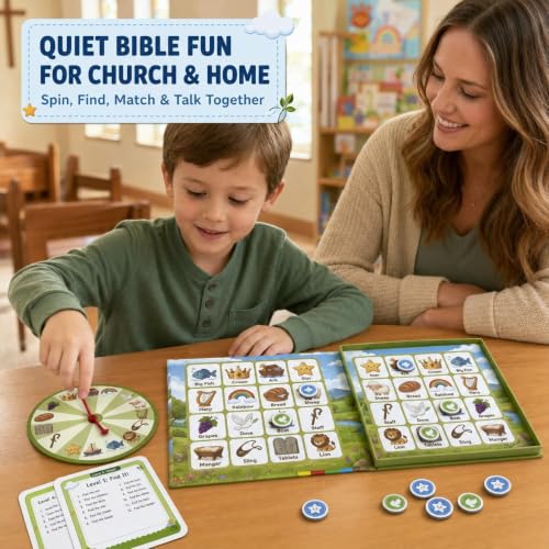 Travofun Magnetic Bible Story Spin & Seek Bingo Game for Kids Ages 3-8 | Portable Christian Learning Toy with Spinner & Question Cards | Interactive Travel Game for Road Trip | Screen Family Activity - style: Bible Bingo