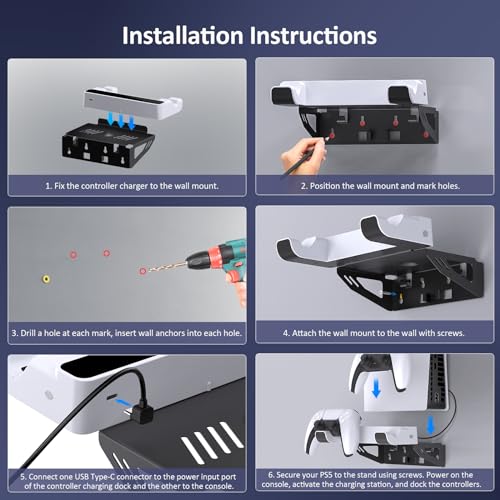 NexiGo PS5 (All Versions) Wall Mount Kit with Charging Station for PS5/PS5 Slim/PS5 Pro Consoles, Regular and DualSense_Edge Controllers, Stable Metal Wall Hanging Stand with LED Indicator - style: All PS5 Versions