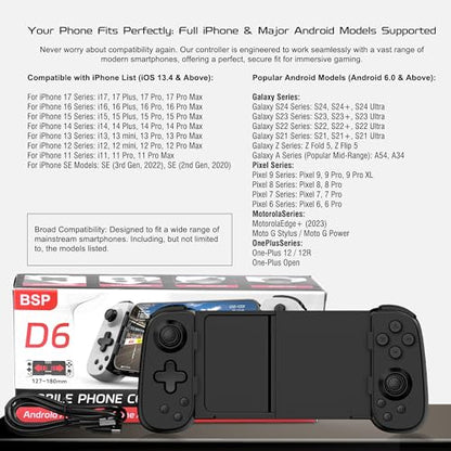Joso Wireless Phone Controller for iPhone/Android, Mobile Game Controller with Hall Joystick Suitable for Xbox Cloud Gaming, PS Remote Play, Steam Link, Call of Duty & More - Black - color: Black | D6