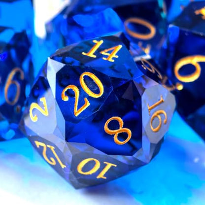 Crystal Multifaceted Polyhedral Dice Set 7 PCS for DND, RPG Tabletop Gaming, Collectors | Tinbox Packing, Gemstone Effect Dice (Sapphire) - color: Sapphire