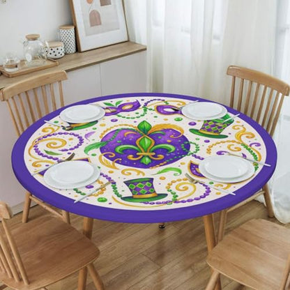 Famame Mardi Gras Carnival Hats Round Fitted Tablecloth with Elastic Protector Table Kitchen Dinner Waterproof Oil-Proof Table Covers Fits 40"-44", Small - color: Mardi Gras Carnival Hats, size: Small (40"-44")