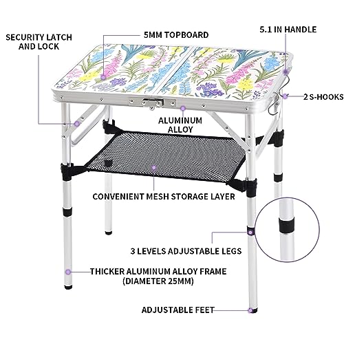 Yriuat Folding Camping Table 2ft Portable Pinic Table Adjustable Height Small Card Table Aluminum Foldable Lightweight with Carry Handle for Outdoor Indoor Hiking Camp BBQ Beach (Blooming Floral) | Lightweight Aluminum,Foldable Small Card Table with Carry