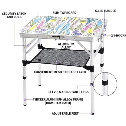 Yriuat Folding Camping Table 2ft Portable Pinic Table Adjustable Height Small Card Table Aluminum Foldable Lightweight with Carry Handle for Outdoor Indoor Hiking Camp BBQ Beach (Blooming Floral) | Lightweight Aluminum,Foldable Small Card Table with Carry