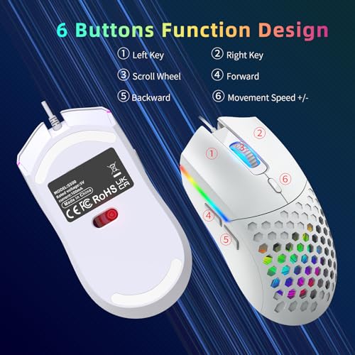 Zopsc Gaming Mouse, Wired RGB Backlit 6400DPI, Lightweight Ergonomic Mouse, Colorful Lighting for PC Gaming Office Work, S500 White - color: S500 White