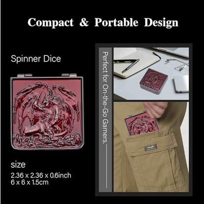 Foldable Spinner Metal DND Dice Set – Compact Elegant Design with D4, D6, D8, D10, D12, D20, D% for TTRPG Gifts - color: Black Nickel-red