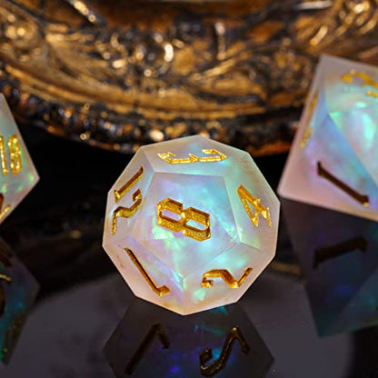 Cusdie 7 Pcs Frosted Dice Sharp Edges DND Dice, Handcrafted Polyhedral Dice Set, for Role Playing Game Pathfinder(Transparent) - color: Frosted-white