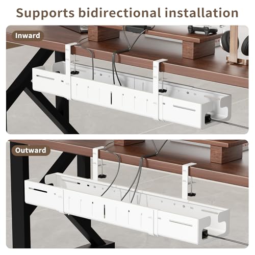 Under Desk Cable Management Tray, Expandable 25.2"–38.6" Cable Tray, White | No Drill Cable Management with Clamp Mount,Heavy Duty Carbon Steel Desk Cable Organizer,Wire Management for Office Home - color: White