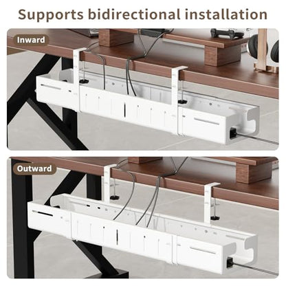 Under Desk Cable Management Tray, Expandable 25.2"–38.6" Cable Tray, White | No Drill Cable Management with Clamp Mount,Heavy Duty Carbon Steel Desk Cable Organizer,Wire Management for Office Home - color: White