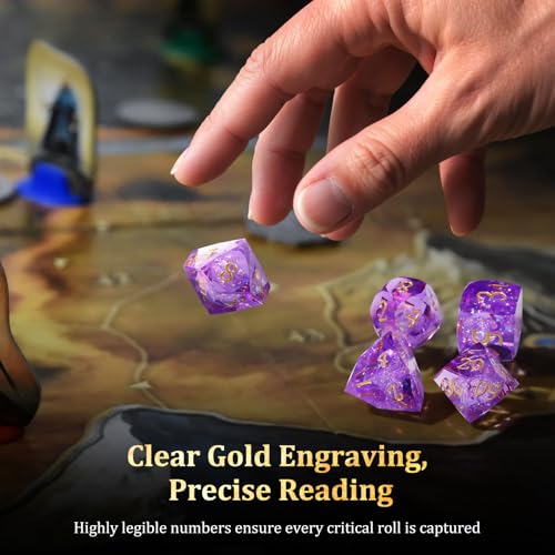 MoKo Resin DND Dice Set, 7PCS Sharp Edge Polyhedral, Purple | Gold Numbers, D&D RPG Tabletop Games, Gift Box Storage Bag, D20 D12 D10 D8 D6 D4 D% - color: 3 - Purple